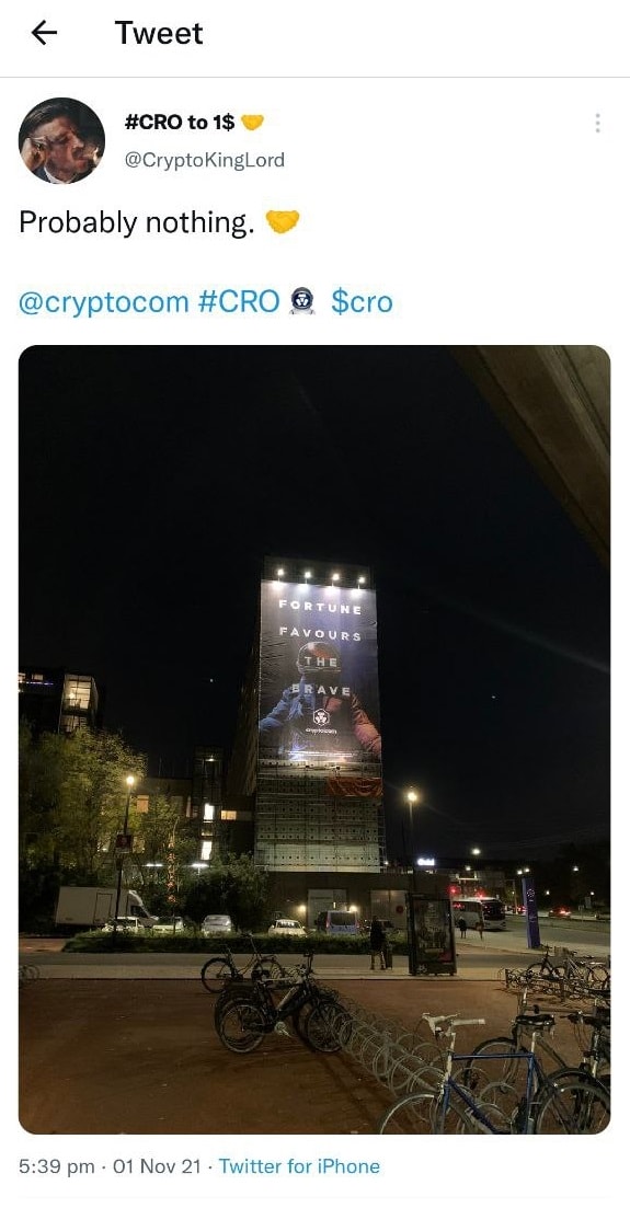 Image of a Crypto.com AD, "Fortune favors the brave" SOURCE: Twitter status