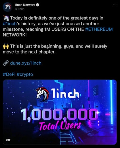 1inch reaches 1 million users on the Ethereum network 1 1inch