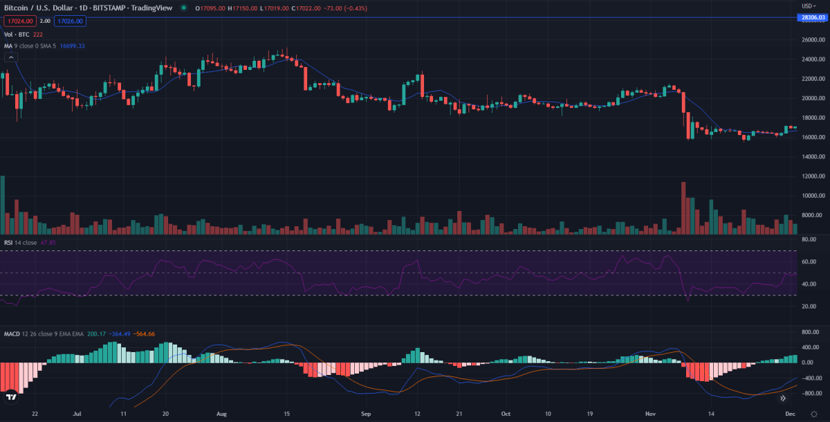 Analisi del prezzo di Bitcoin: BTC/USD può superare la resistenza di $ 17250 nelle prossime 24 ore? 12 1-day Bitcoin price analysis