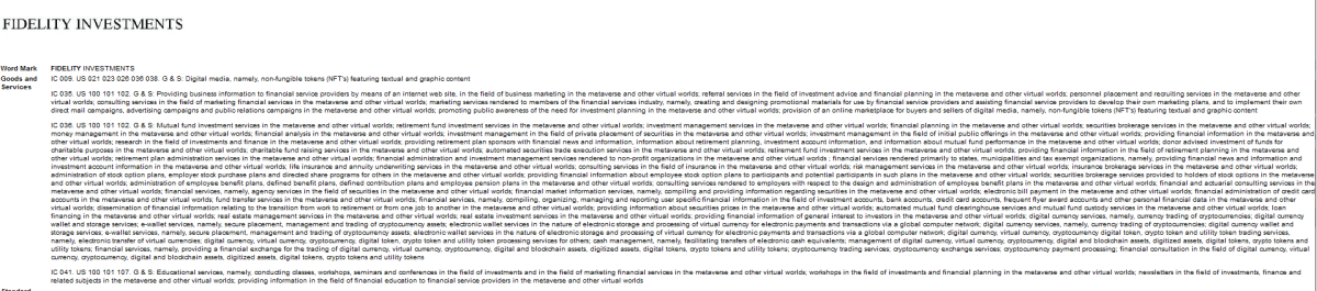 Zgłoszenie znaku towarowego Fidelity Investments: USPTO