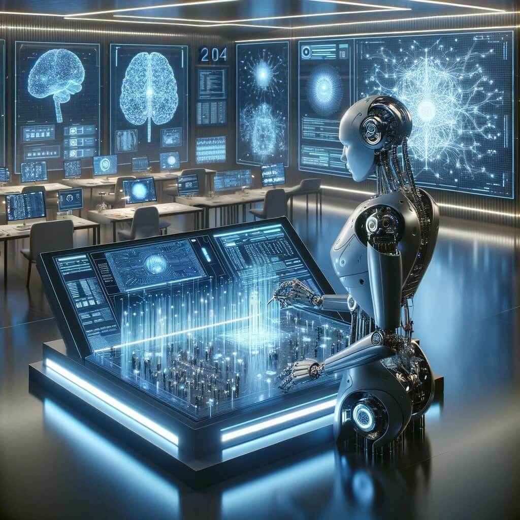 DALL·E 2024 01 02 09.48.17 A Futuristic Depiction Of AI In 2024. The Scene Is Set In A Sleek Modern Laboratory With Large Transparent Touchscreen Displays Showing Complex Algo 